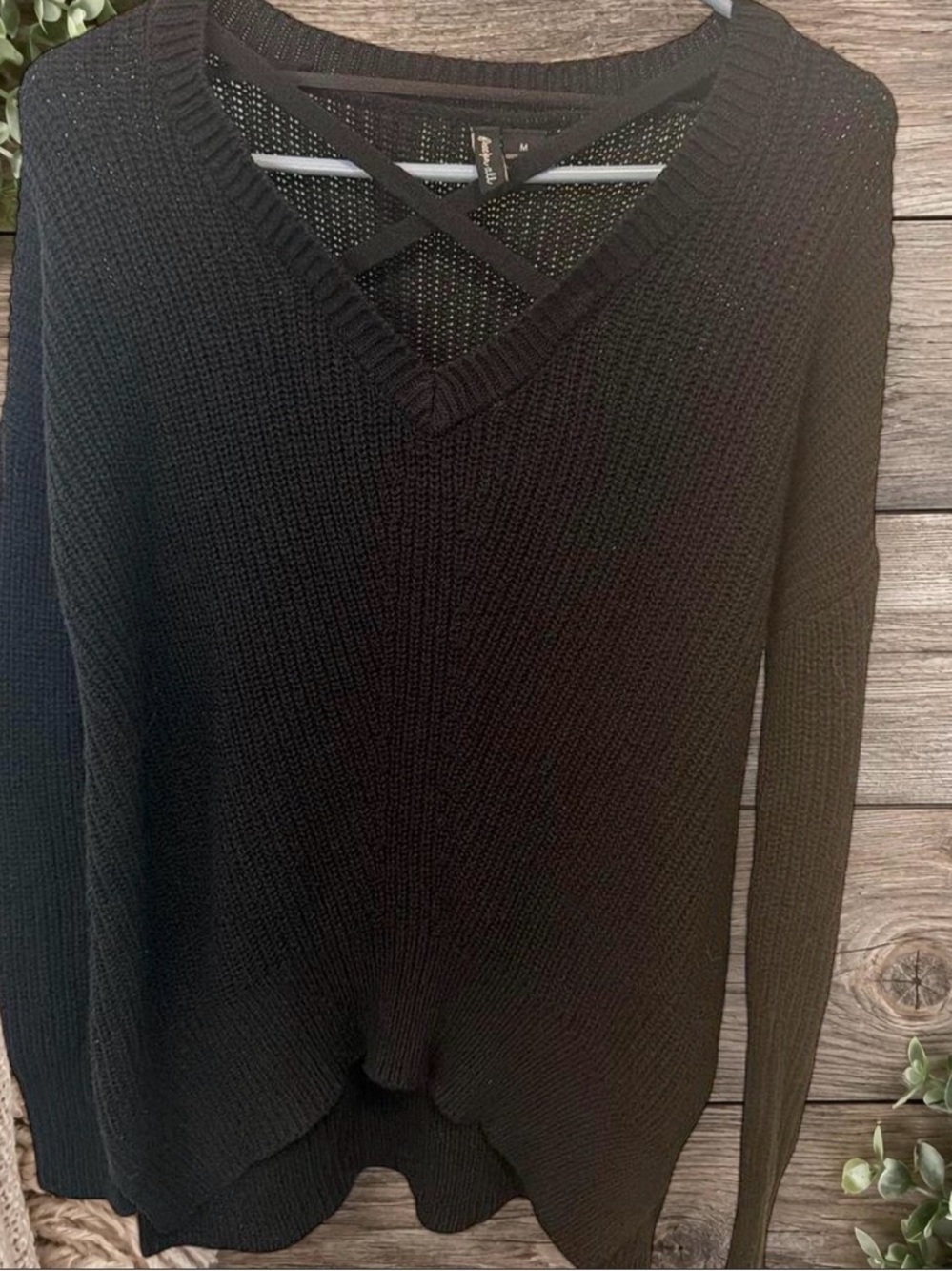 Black V-Neck Crisscross Knit Sweater - Women's Hoodie